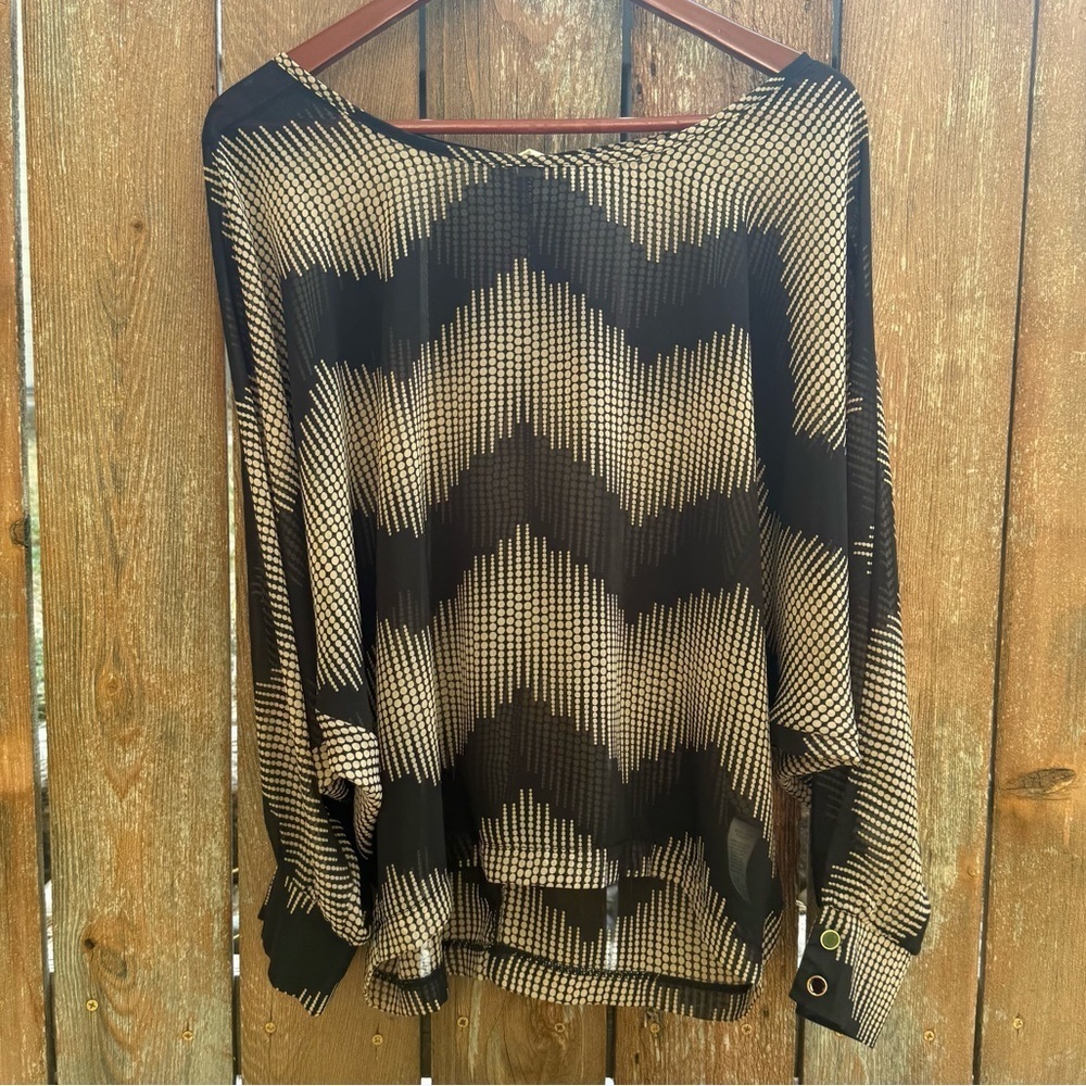 MIND CODE Women’s Black Cream Chevron Sheer Long Sleeve Shirt Blouse Size Small